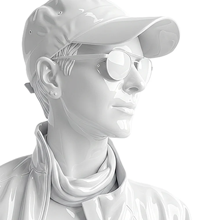 Digital gerenderte, glänzend weiße Schaufensterfigur mit Cap, Sonnenbrille und Schal – Symbolbild für Vanessa Ariane Düvelsdorf